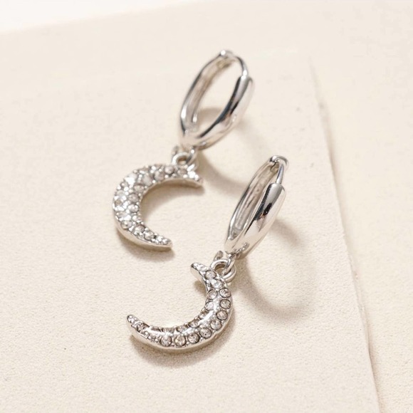 Half Moon Silver Moon Rhinestone Hoops - Picture 1 of 2